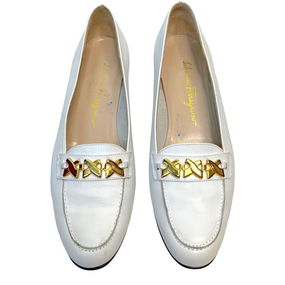 Salvatore Ferragamo White Leather Buckle Loafers Shoes Block Heel Size 9.5 - Picture 9 of 9